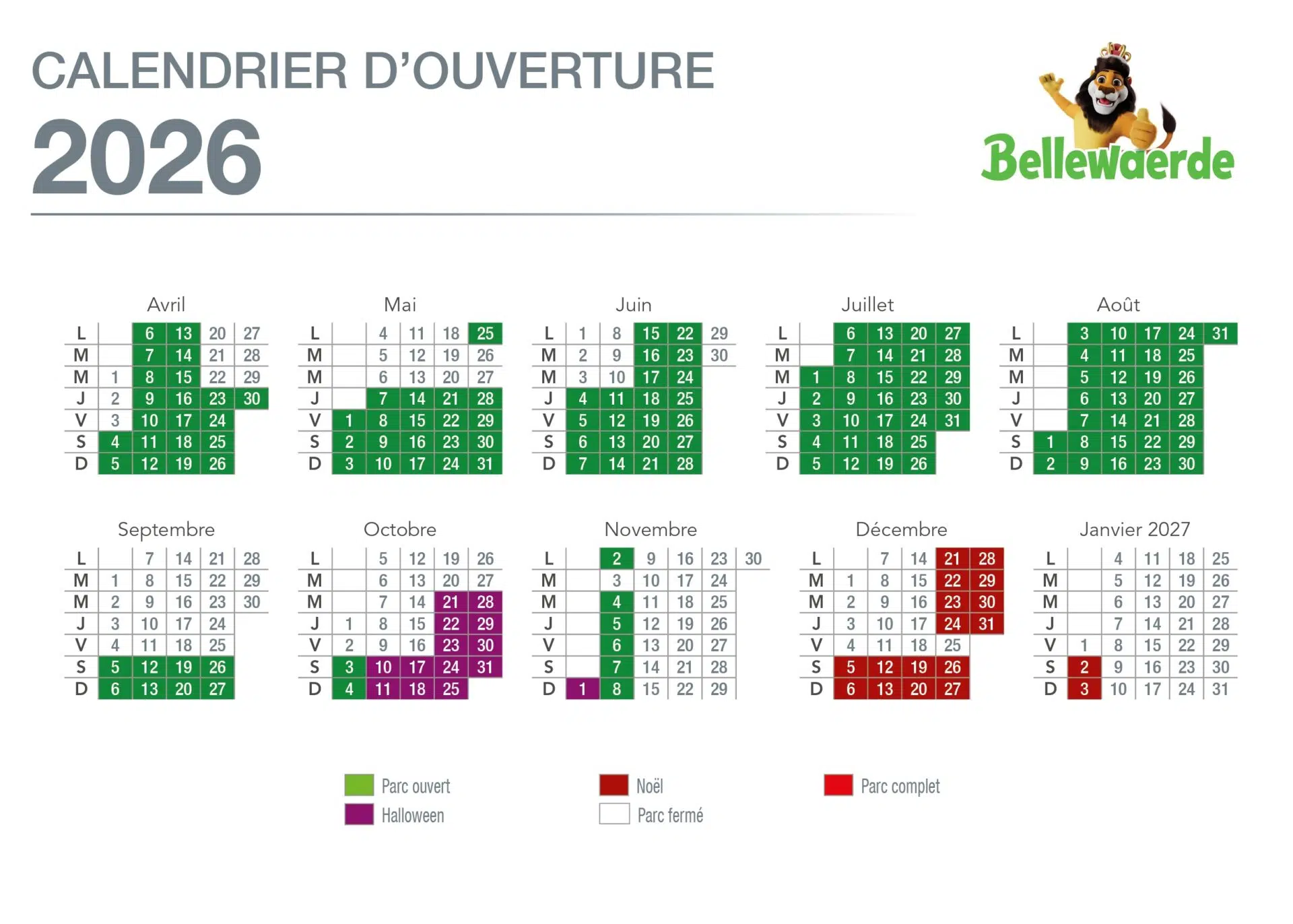 Calendrier ouverture Bellewaerde 2026