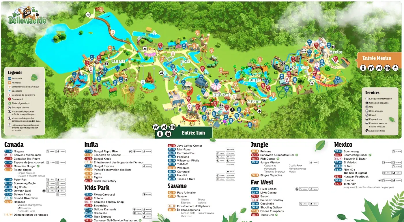 Plan Bellewaerde 2026 complet du parc